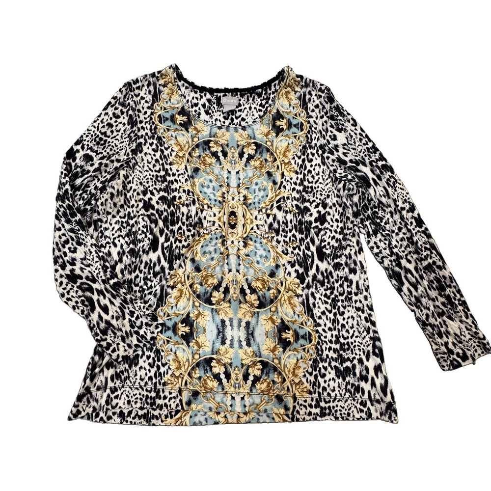 Chicos Size 3 US XL Blouse 3/4 Sleeve Animal Print Gold Pearl Chandelier Rayon